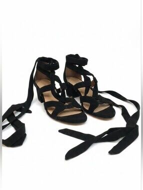 Addition Elle Wide Fit Black Lace-Up Faux Suede Strappy Ankle Wrap Sandals